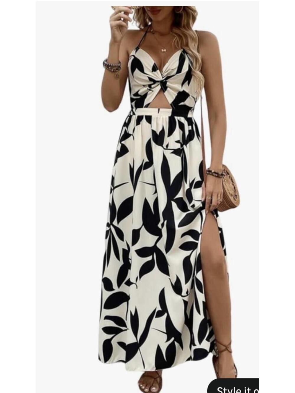 Black and Cream Leaf Print Halter Maxi Dress with Cutout